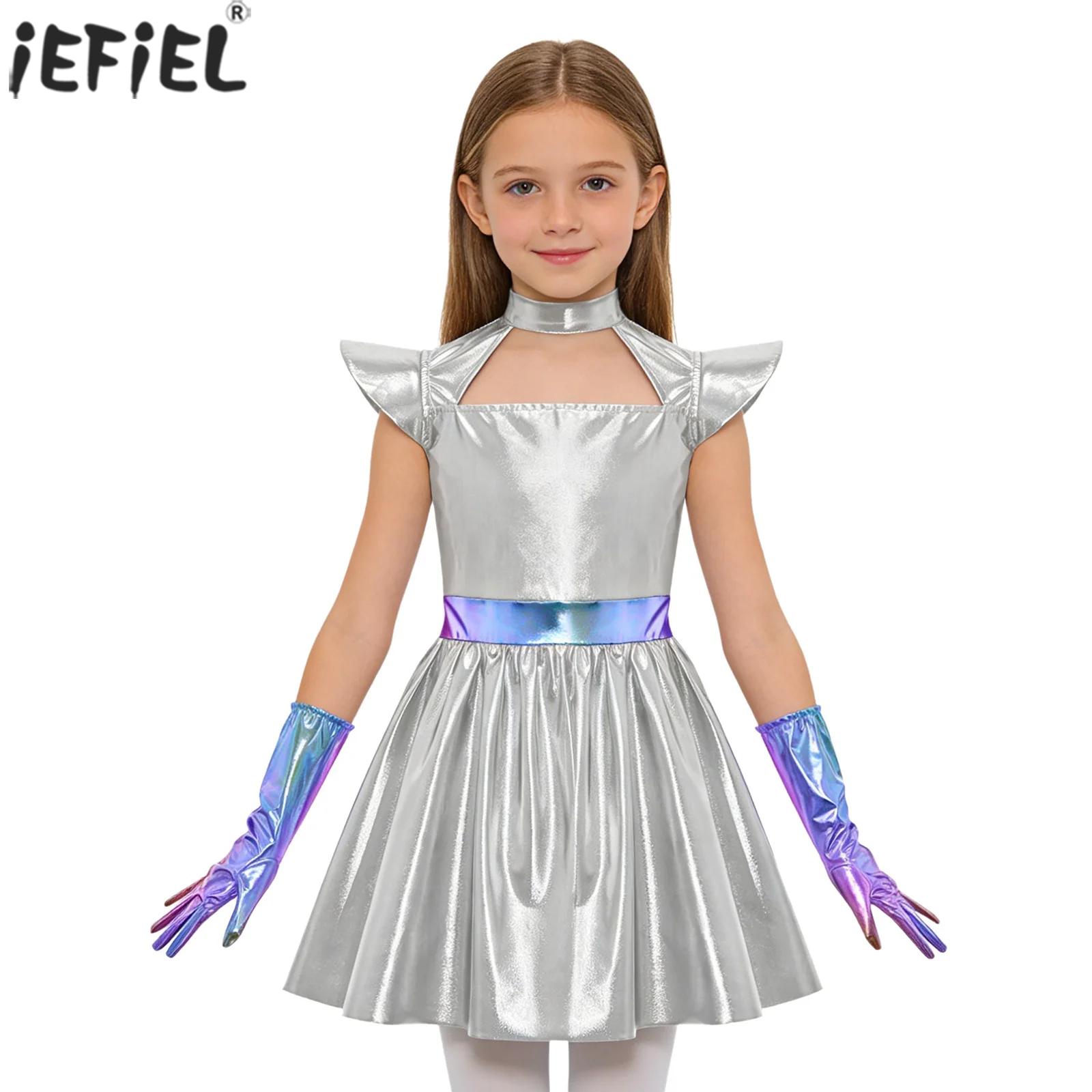Line Follower Robot - キッズガールズエイリアンコスプレ衣装中空フライングスリーブメタリックAラインドレス手袋付きハロウィンロボット宇宙パーティー用